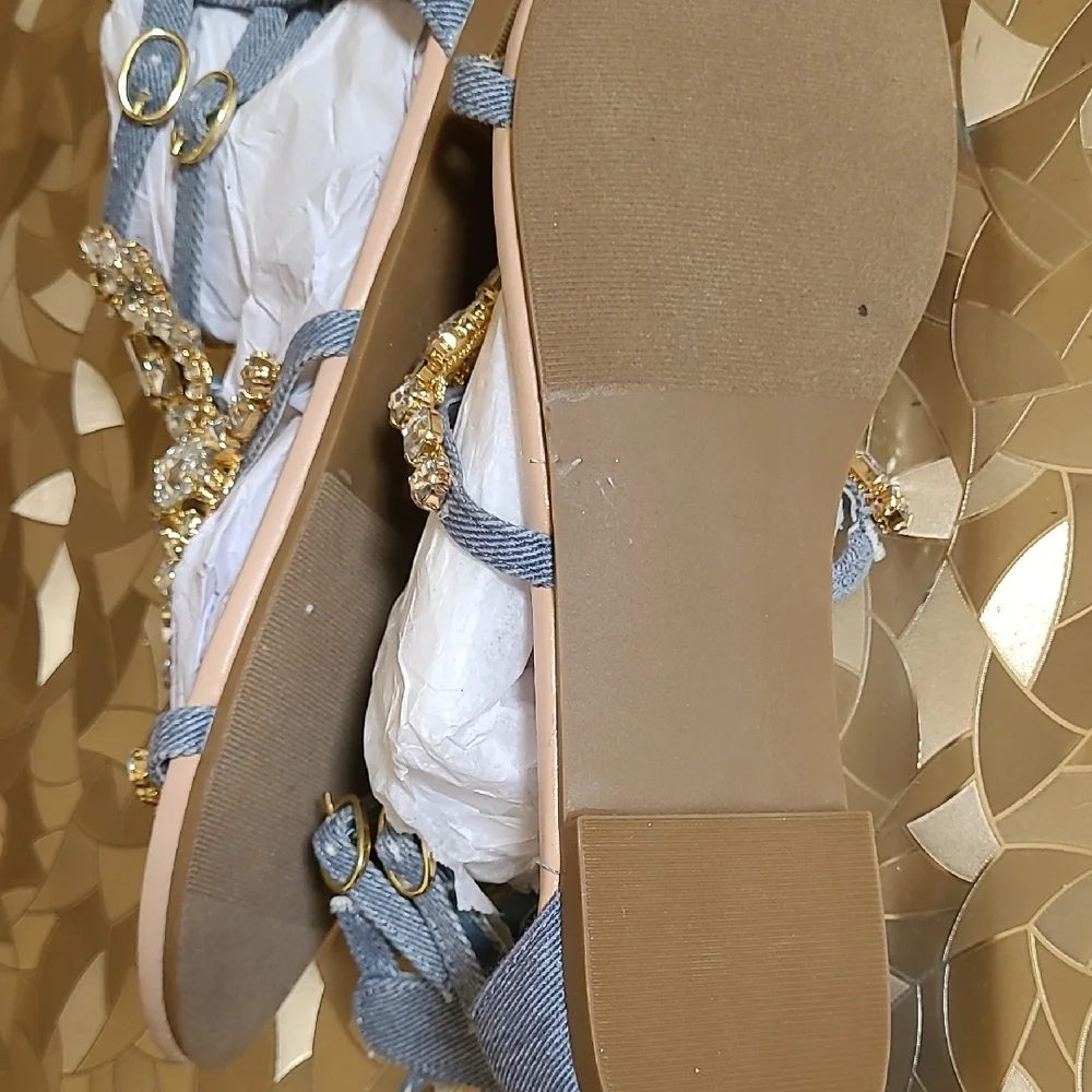 Shoe Dazzle Gold Crystal & Denim Gladiator Sandals - Picture 5 of 12